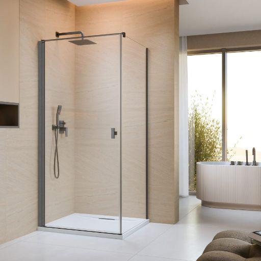 Str&oslash;mberg Noma 135 fast brusev&aelig;g m/svingd&oslash;r til venstre - 80 x 80 - Klar glas/b&oslash;rstet gunmetal