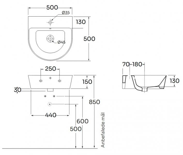 Lavabo Forma 50 håndvask t/væg eller møbel - 1 hanehul - Perlé Lavabo Forma 50 håndvask t/væg eller møbel - 1 hanehul - Perlé