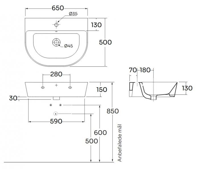 Lavabo Forma 65 håndvask t/væg eller møbel - 1 hanehul - Taupe Lavabo Forma 65 håndvask t/væg eller møbel - 1 hanehul - Taupe