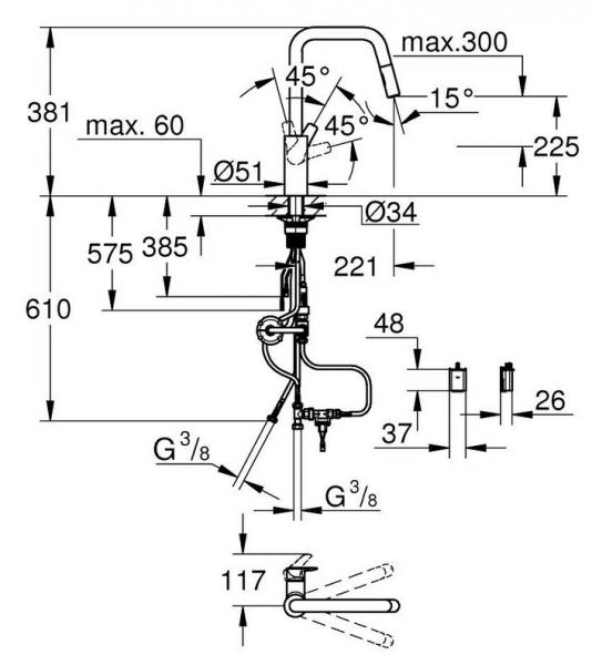 Grohe Start hybrid k&oslash;kkenarmatur m/sensor, udtr&aelig;k og Dual Spray - Steel