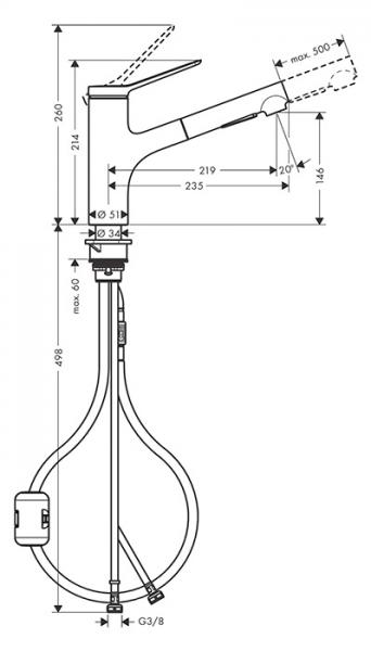 hansgrohe Zesis M33 k&oslash;kkenarmatur m/udtr&aelig;ksbruser 150 m/EcoSmart 2jet - Krom