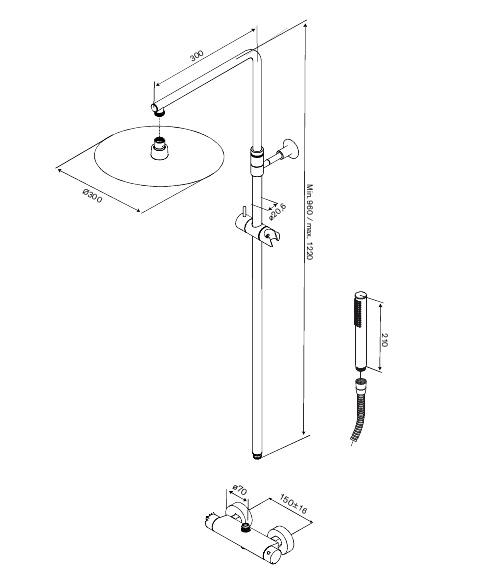 Damixa Iris 300 komplet brusesystem m/termostat - Steel Damixa Iris 300 komplet brusesystem m/termostat - Steel