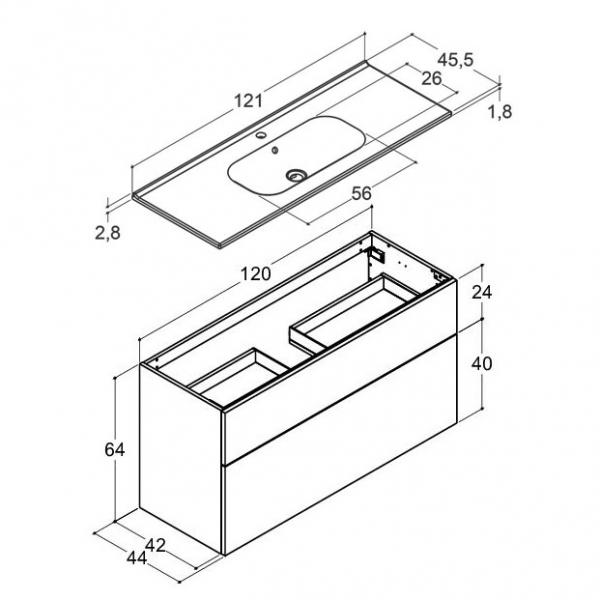 Dansani Luna 121 m&oslash;bels&aelig;t m/Kantate vask, h&oslash;j skuffe og indretning - Brun eg