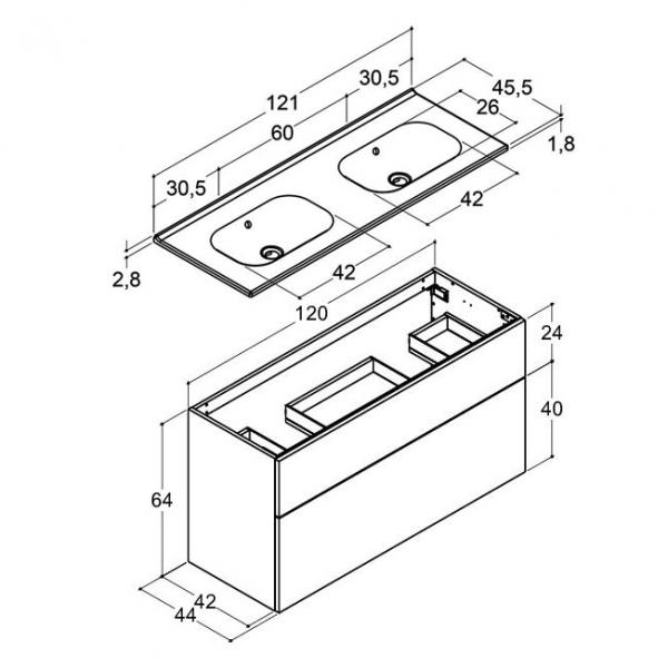 Dansani Luna 121 m&oslash;bels&aelig;t m/dobbelt Kantate vask, h&oslash;j skuffe og indretning - Hvid mat