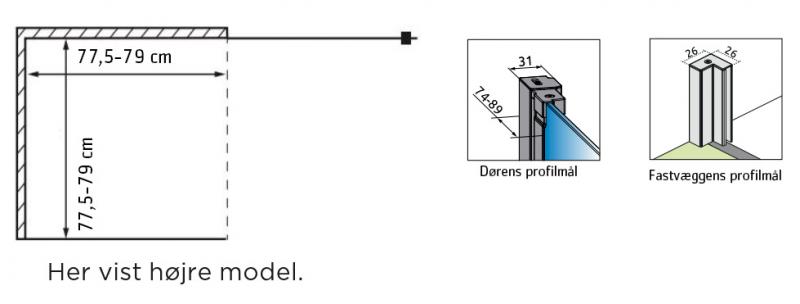 Str&oslash;mberg Noma 135 fast brusev&aelig;g m/svingd&oslash;r til venstre - 80 x 80 - Klar glas/poleret messing