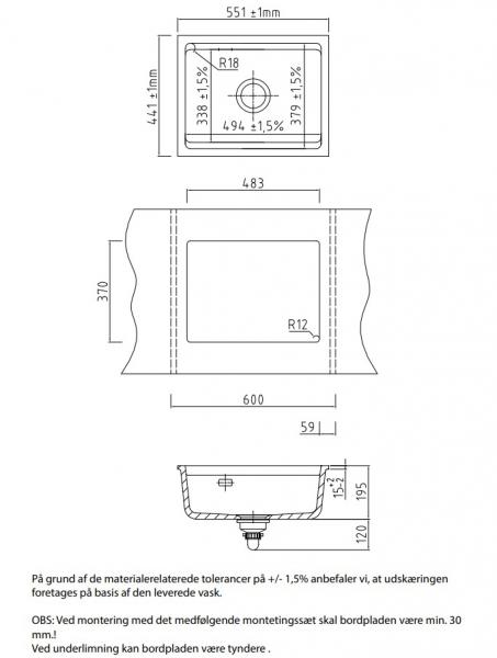 Lavabo Kara 50 U porcel&aelig;nsk&oslash;kkenvask - Mat sort m/messing afl&oslash;b