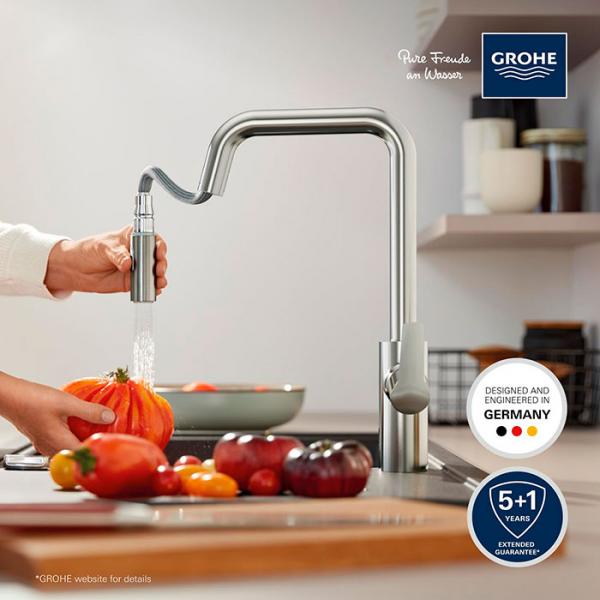 Grohe Start hybrid k&oslash;kkenarmatur m/sensor, udtr&aelig;k og Dual Spray - Steel