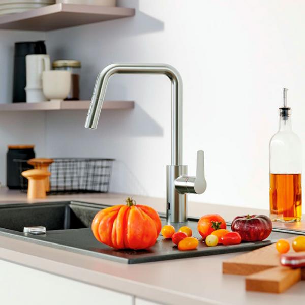 Grohe Start hybrid k&oslash;kkenarmatur m/sensor, udtr&aelig;k og Dual Spray - Steel